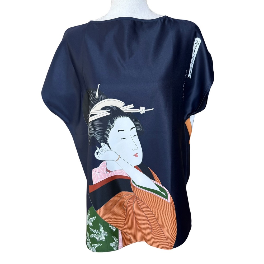 Ichiban Japanese Art Graphic Blouse Navy Blue Ukiyo-e Geisha Kabuki Made Japan